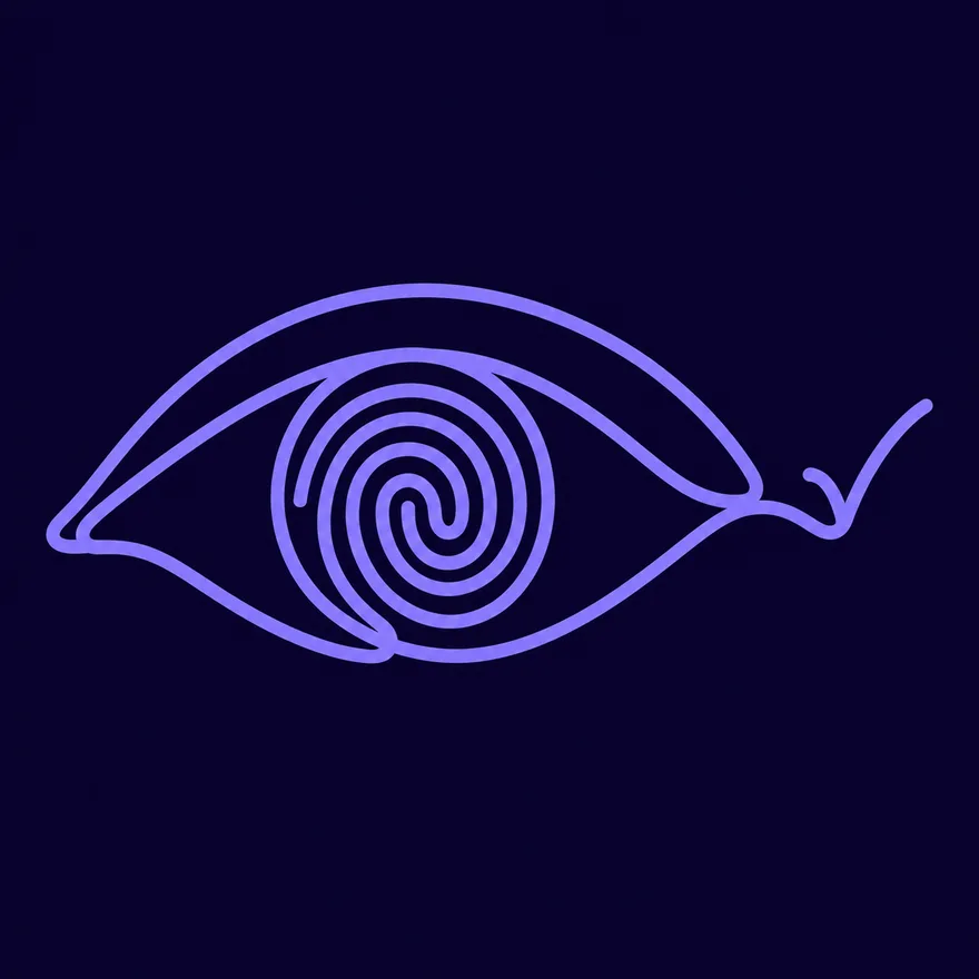 One continuous line draws an open eye whose iris is a fingerprint, ending in a small tick