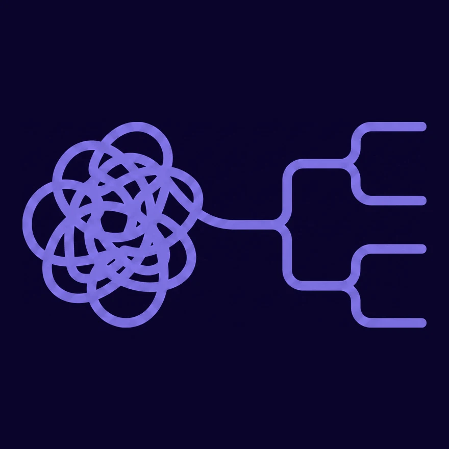 One continuous line unravels a dense tangle of regulation into a clean branching decision tree