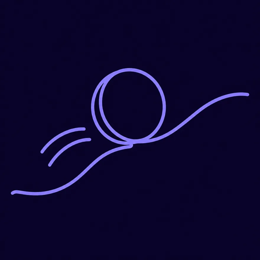 One continuous line draws a coin rolling up a rising slope with motion arcs behind it