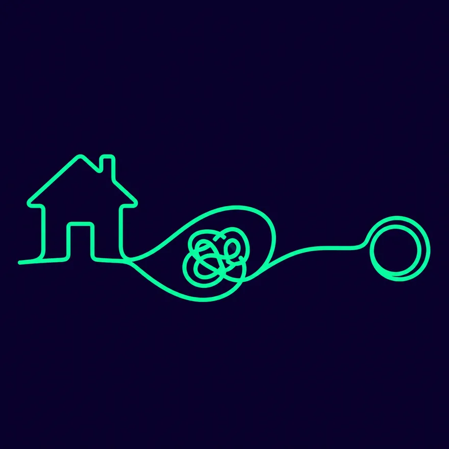 One continuous line runs from a house, ties the middleman into a knot it bypasses, and connects straight to a coin