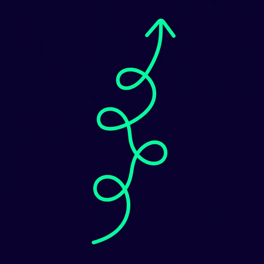 One continuous line ties four loose loops, then rises into an upward arrow