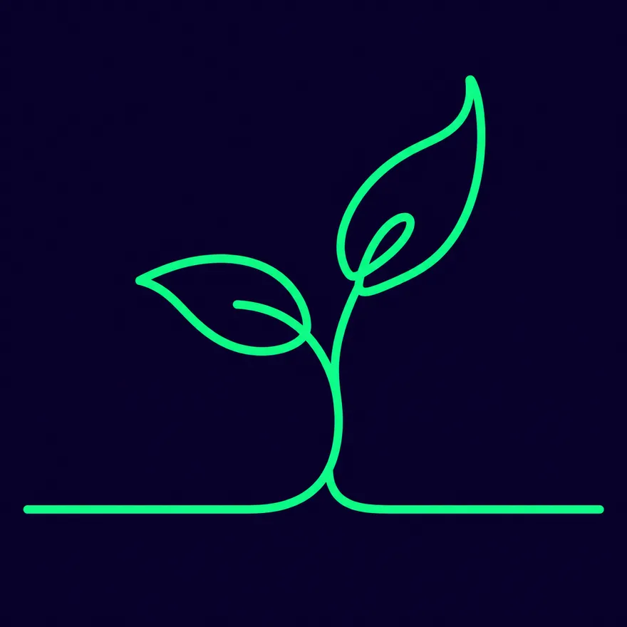 One continuous line rises from a flat baseline into a seedling with two leaves